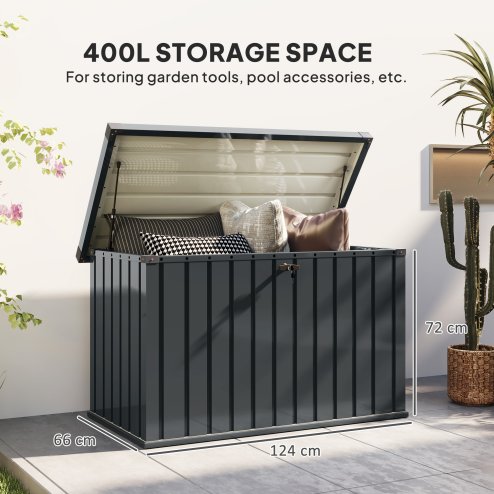Outsunny 400L Garden Storage Box Waterproof Metal Outdoor Storage Box with Lockable Lid, Storage Container Furniture Deck Box, 124 x 66 x 72 cm, Dark Grey