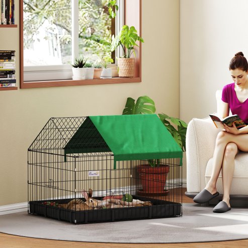 PawHut Rabbit Cage Guinea Pig Playpen Small Animal House for Kitties Puppies, w/ Water Proof Oxford Roof Floor 90 x 75 x 75 cm