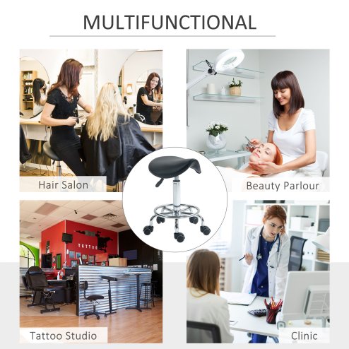 HOMCOM Saddle Stool, PU Leather Adjustable Rolling Salon Chair for Massage, Spa, Clinic, Beauty, Hairdressing and Tattoo, Black