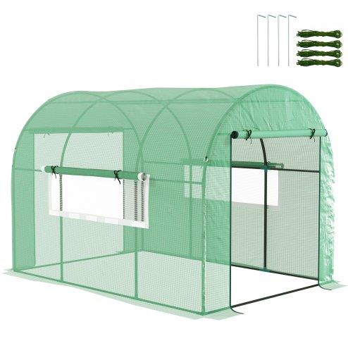 Outsunny 3 x 2 x 2m Polytunnel Greenhouse with Doors and Mesh Windows, Walk-in Grow House Tent with UV-resistant PE Cover and Steel Frame, Green