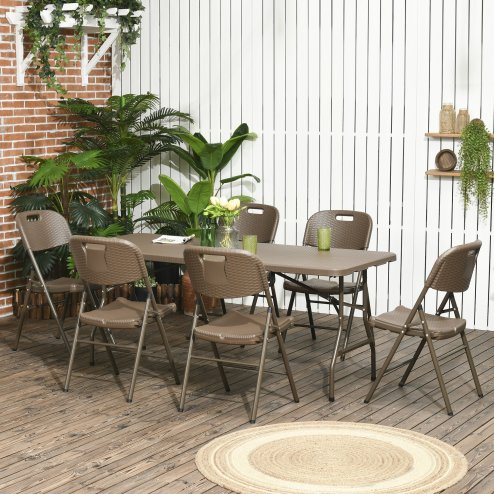 Outsunny 6 Seater Garden Dining Set, Rattan-Style HDPE Garden Furniture Set, Outdoor Dining Table and Chairs with 6 Armchairs and Rectangular Plastic Top Table for Patio, Balcony, Dark Brown