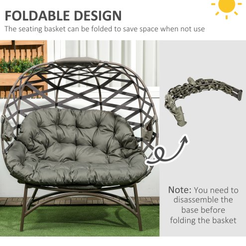 Outsunny Egg Chair Outdoor, 2 Seater Folding Weave Garden Furniture Chair with Cushion, Cup Pockets for Patio Balcony - Sand Brown