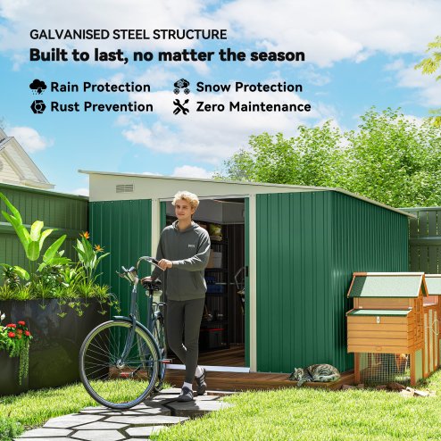 Outsunny 11.3 x 9.2ft Lean to Metal Garden Shed, Outdoor Galvanised Tool Storage House with Double Sliding Doors and 2 Air Vents, Green