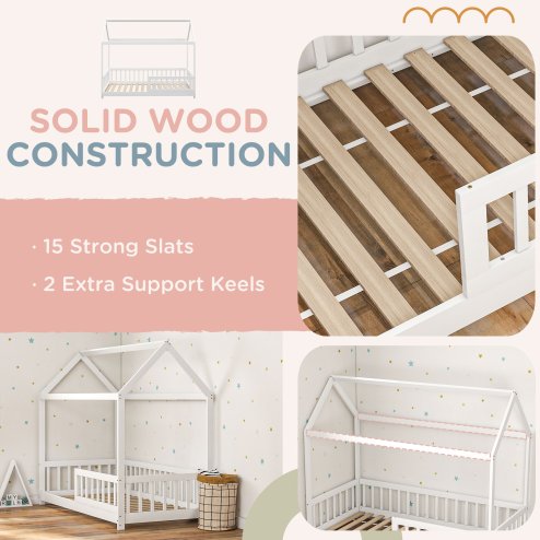 HOMCOM House-Shaped Kids Bed Frame, Solid Pine Wood Single Bed Frame with Safety Fence for Kids Boys and Girls, White