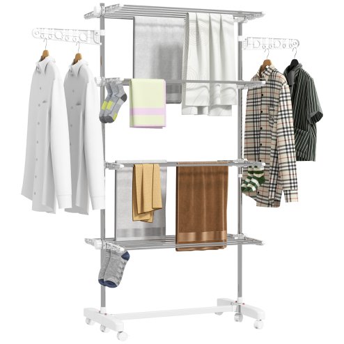 HOMCOM 4-Tier Clothes Airer, Stainless Steel Foldable Clothes Drying Rack with Wheels and Wings, Indoor and Outdoor, Easy Assembly, 142 x 55 x 172cm