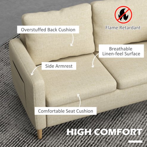 HOMCOM Two Seater Sofa for Living Room, Modern Fabric Couch with Wood Legs and 2 Pockets for Bedroom and Home Office