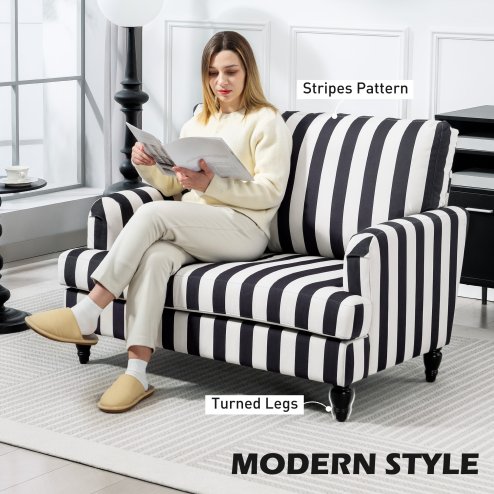HOMCOM Modern Cuddle Chair, Velvet Single Sofa Armchair with Stripe, Turned Legs and Wide Seat, Upholstered Snuggle Chair for Living Room, Bedroom, Black and White