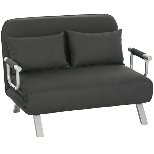 HOMCOM 2 Seater Sofa Bed, Click Clack Convertible Bed Settee, Modern Velvet Feel Fabric Sofa with 2 Cushions for Living Room, Bedroom, Guest Room, Charcoal Grey