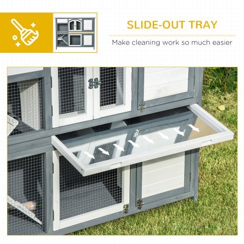 PawHut Rabbit Hutch Outdoor Guinea Pig Hutch 2 Tier Wooden Cage w/ Ramp, Divider, Openable Roof, 125 x 48 x 100cm - Grey
