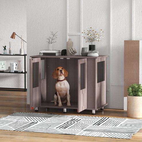 PawHut Dog Crate Furniture End Table, Pet Kennel for Medium Large Dogs with Magnetic Door Indoor Animal Cage, Purple, 95 x 55 x 75 cm