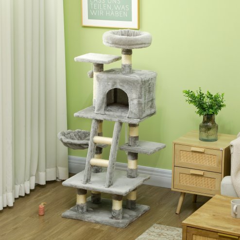 PawHut 132cm Cat Tree for Large Cats, Cat Activity Centre with Scratching Posts, Hammock, Cat House, Bed, Perches, Ladder, for Indoor Use - Grey