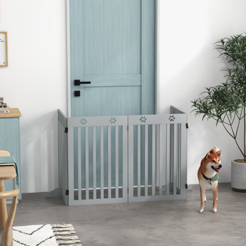 PawHut Freestanding Pet Gate 4 Panel Dog Barrier Folding Safety Fence with Support Feet up to 204cm Long 75cm Tall for Doorway Stairs, Grey