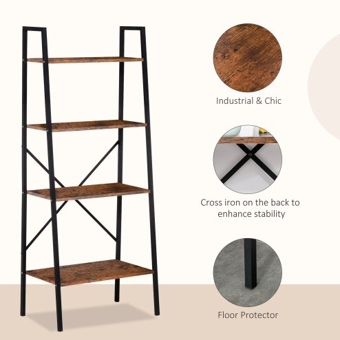 HOMCOM Ladder Shelf, Bookshelf, 4-Tier Industrial Storage Rack for Living Room, Bedroom, Kitchen