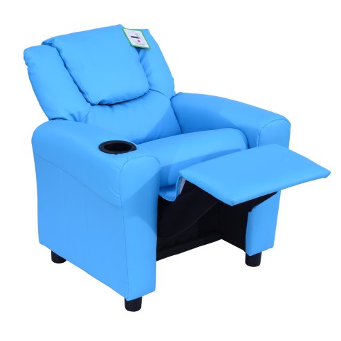 HOMCOM Kids Recliner, PU Leather Kids Armchair, Child Chair, Toddler Armchair with Adjustable Backrest, Footrest, Padded Headrest, Cup Holder, Blue