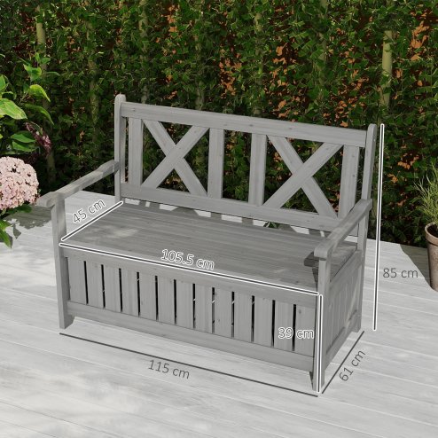 Outsunny Wood Garden Bench 2 Seater Storage Chest Patio Seating Chair with High Back and Armrest, Charcoal Grey
