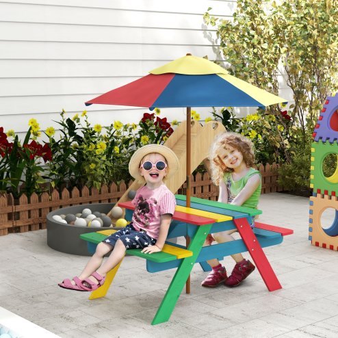 Outsunny Kids Picnic Table Wooden Garden Furniture Bench with Removable Umbrella Outdoor, for Ages 3-6 Years - Multicoloured