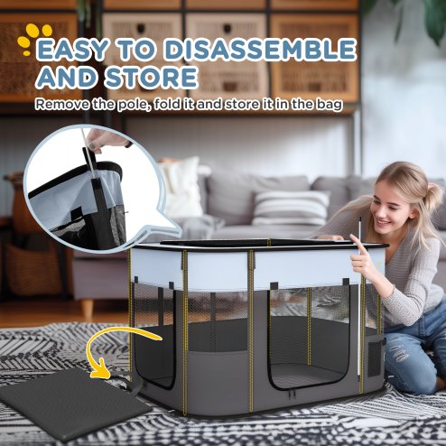 PawHut Dog Pen, Pet Playpen, Portable Foldable Dog Cat Playpen Soft Pet Cage with Storage Bag for Puppies, Rabbits, Kittens, Guinea Pigs, 94 x 74 x 60cm - Grey