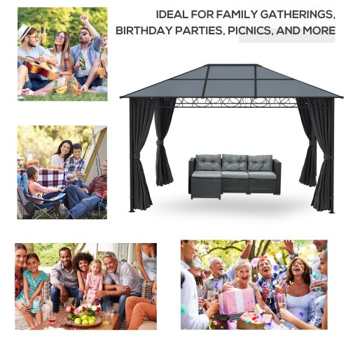 Outsunny 3 x 4m Hardtop Gazebo Canopy with Polycarbonate Roof, Permanent Pavilion Garden Gazebo with Curtains for Patio, Deck, Grey