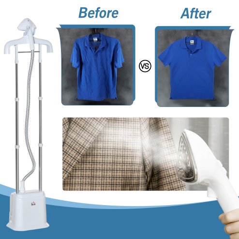 HOMCOM Upright Garment Clothes Steamer Suitable for all Fabrics with 6 Steam Setting, 45s Fast Heat-up, 1.7L Water Tank and 45min Steamer, Wrinkle and Odour Remover, White
