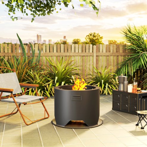 Outsunny Outdoor Round Fire Pit with Lid, Wood Burning Firepit with Fire Poker and Floor Mat for Patio Bonfire BBQ Camping, Black