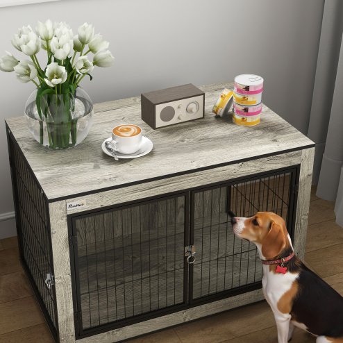PawHut Dog Crate Furniture on Wheels, Dog Cage End Side Table with Lockable Double Doors, for Medium Breeds, 80 x 56 x 62.5cm, Grey