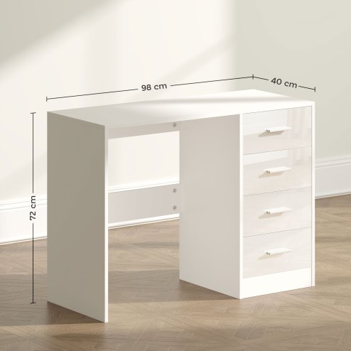 HOMCOM Computer Desk with Drawers, Dressing Table, High Gloss Home Office Writing Workstation, White