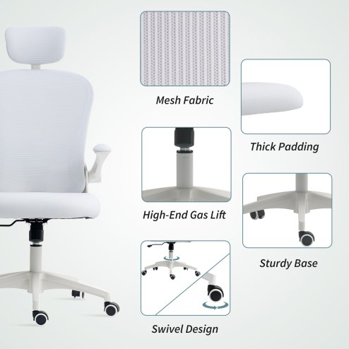 Vinsetto High Back Office Chair, Mesh Computer Desk Chair with Rotatable Headrest, 4D Lumbar Support, Flip-up Arm, Adjustable Height, White