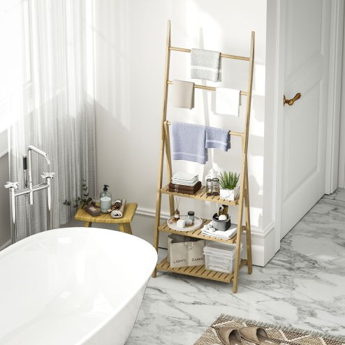 HOMCOM Folding Bathroom Storage Shelves, 3-Tier A-Frame Bamboo Storage Shelving Unit with Towel Bars, Freestanding Shelves Rack Organiser for Living Room, Natural