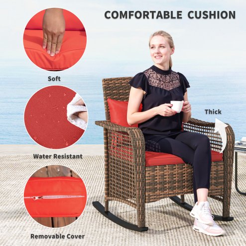 Outsunny Garden Rocking Chair, Outdoor Rattan Rocker Lounge Chair with Seat and Back Cushions, Patio Armchair Seat with All-weather Wicker, Steel Frame for Porch Balcony, Red
