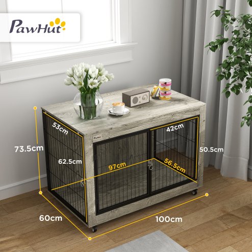 PawHut Dog Crate Furniture on Wheels, Dog Cage End Side Table with Lockable Double Doors, for Large Breeds, 100 x 60 x 73.5cm, Grey