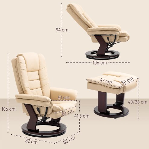 HOMCOM Recliner Chair With footstool, Recliner Armchair up to 130kg Weight Capacity, 135 Reclining Swivel Sofa Chair, PU Leather Ergonomic Couch Bed with Swivel Wood Base for Living Room, Beige