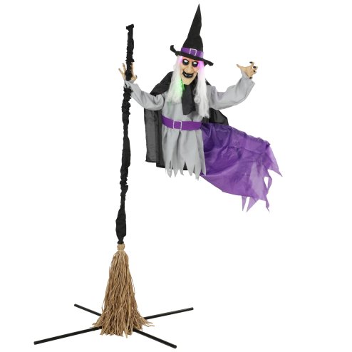 HOMCOM 200cm Life Size Animated Flying Witch Halloween Decorations Outdoor Indoor, Scary Halloween Animatronics Decor with Sound Touch Activated, Light Up Animated Prop for Yard Garden