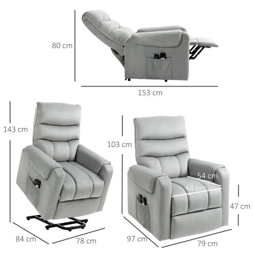 HOMCOM Recliner Electric Power Lift Chair for Elderly with 8 Vibration Massage Points, Upholstered Reclining Chair with Remote Controls, Side Pockets, Grey