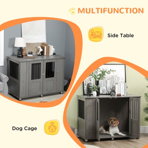 PawHut Dog Crate Furniture End Table, Pet Kennel for Extra Large Dogs with Magnetic Door Indoor Animal Cage, Grey, 114 x 60 x 82 cm