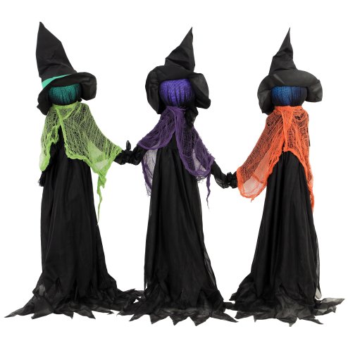 HOMCOM 120cm Witches Holding Hands Stake Halloween Decorations Outdoor Indoor, Scary Halloween Glowing Witch Decor with Light-Up Heads, Animated Prop for Yard Garden