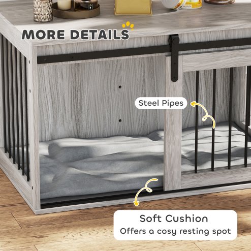 PawHut Dog Crate Furniture, Dog House Furniture Style for Large Breeds, Pet Kennel with Removable Cushion for Indoor Use, 98 x 58 x 61cm, Grey