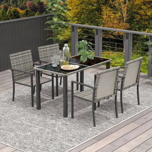 Outsunny 4 Seater Rattan Dining Set with Rectangular Glass Top Table and 4 Armchairs, PE Rattan Garden Furniture Set, Outdoor Dining Table and Chairs for Patio, Balcony, Lawn, Mixed Grey