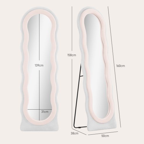 HOMCOM Irregular Wavy Mirror Full Length, 160 x 50cm Free Standing, Leaning or Wall Mirror with Velvet Wrapped Frame and Arched Top for Living Room, Bedroom, White and Pink