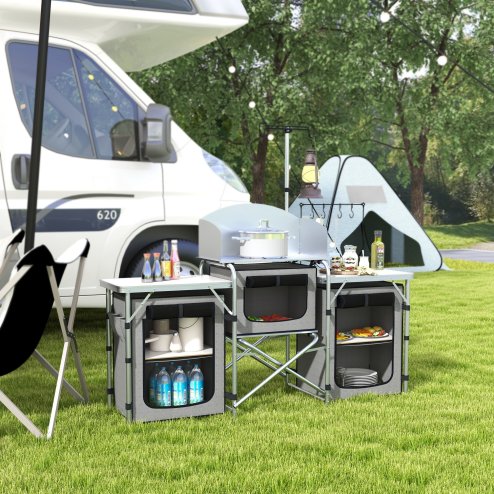 Outsunny Folding Camping Kitchen, Portable Aluminium Camping Table with 3 Fabric Cupboards, Windshield, Light Stand, Carrying Bag for BBQ, RV, Picnic, Grey