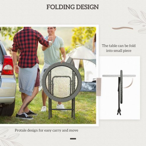 Outsunny Folding Rattan Garden Dining Table, 68 cm Round Rattan Garden Table with Water Ripple Tempered Glass Top, Wicker Edging  and Steel Frame for Outdoor, Patio, Grey