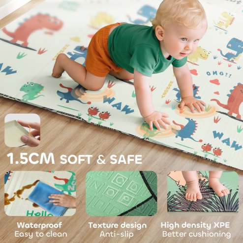 AIYAPLAY Baby Play Mat Double Sided, Foldable & Reversible Activity Playmat, Waterproof Kids Foam Crawling Mat for Outdoor Indoor Playtime Picnics, 196 x 176 x 1.5cm, Dinosaur Theme
