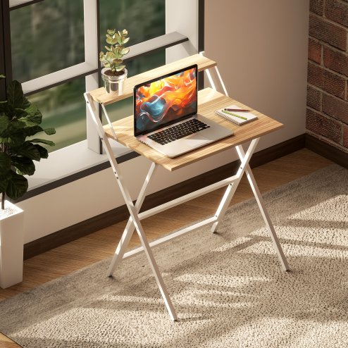 HOMCOM Folding Desk with Monitor Shelf, 70 cm Foldable Computer Desk for Small Spaces, Space Saving Writing Table Workstation for Home Office, Study, Easy Assembly