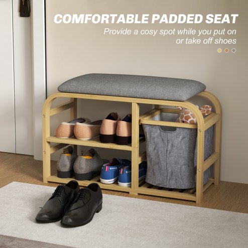 HOMCOM Bamboo Shoe Bench with Cushion, Shoe Rack Bench with 2 Slatted Shelves and Pull-Out Fabric Basket for Hallway, Entryway, Living Room, Nature Wood Finish