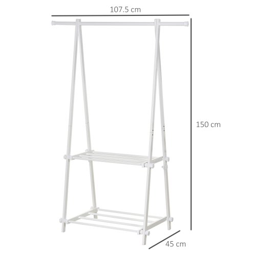 HOMCOM Minimalist Foldable Adjustable Clothes Rack Hanger w/ 2 shelves 107.5L x 45W x 150H cm Hallway Entryway Furniture - White