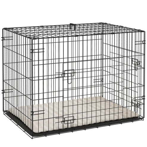 PawHut Dog Crate, Folding Metal Dog Cage with Two Doors, Tray, Soft Cushion, for Small Dogs, 76 x 53 x 60 cm, Black