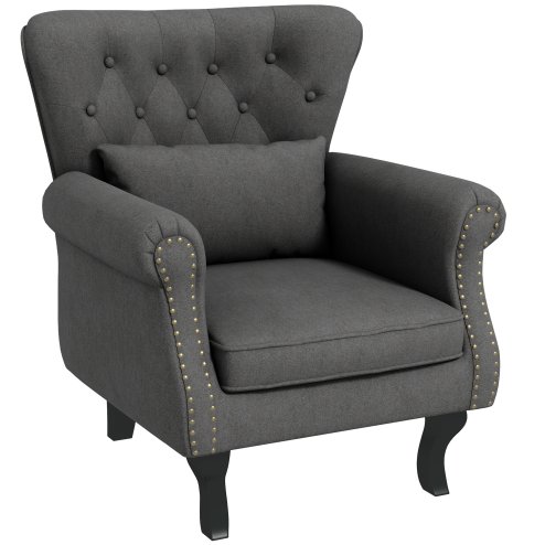 HOMCOM Wingback Armchair, Linen Fabric Accent Chair, Upholstered Fireside Chair with Pillow, Button Tufted Back for Living Room, Bedroom, Home Office, Dark Grey