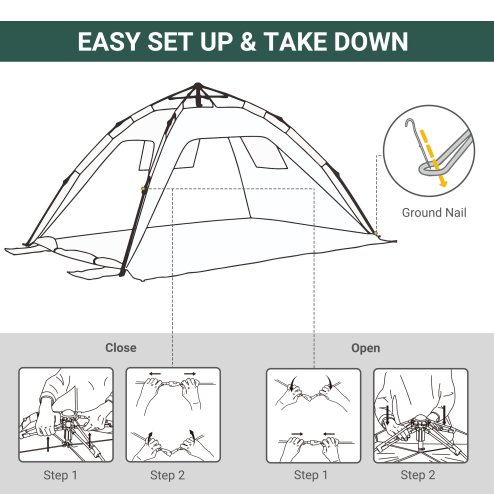 Outsunny 2 Man Pop-up Tent Beach Tent Sun Shelter w/ Windows Doors Hook Sandbags UV Protection Waterproof Outdoor Adventure Garden, Green