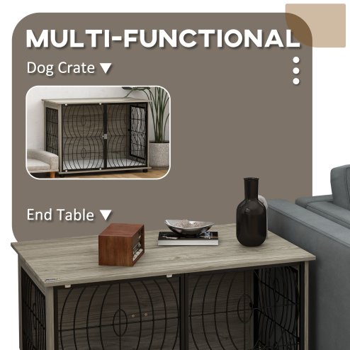 PawHut Dog Crate Furniture, Dog Cage End Table with Large Top, Soft Washable Cushion, Lockable Front Door, Wire Mesh Ventilation, Indoor Pet Crate for Large Sized, 100 x 60 x 74cm - Grey