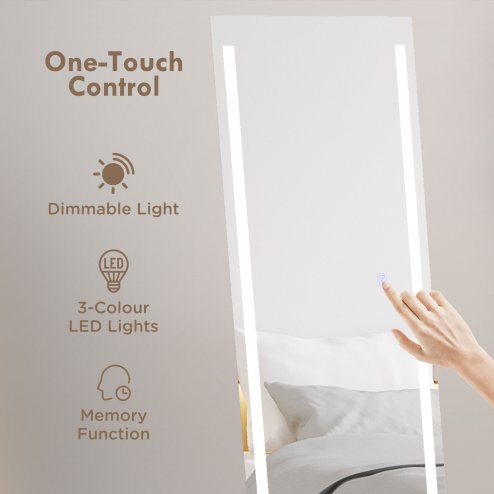 HOMCOM Full Length Mirror with LED Lights, 150x40cm Floor Mirror, Free Standing, Wall Mounted or Leaning, Full Size Body Mirror with Dimmable and 3 Colour Lighting for Bedroom, 23W, White