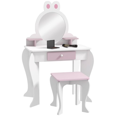 ZONEKIZ Kids Dressing Table with Mirror and Stool , Kids Vanity Table Girls Dressing Table with Drawer, Storage Shelf, Rabbit Design, for Ages 3-6 Years - White and Pink